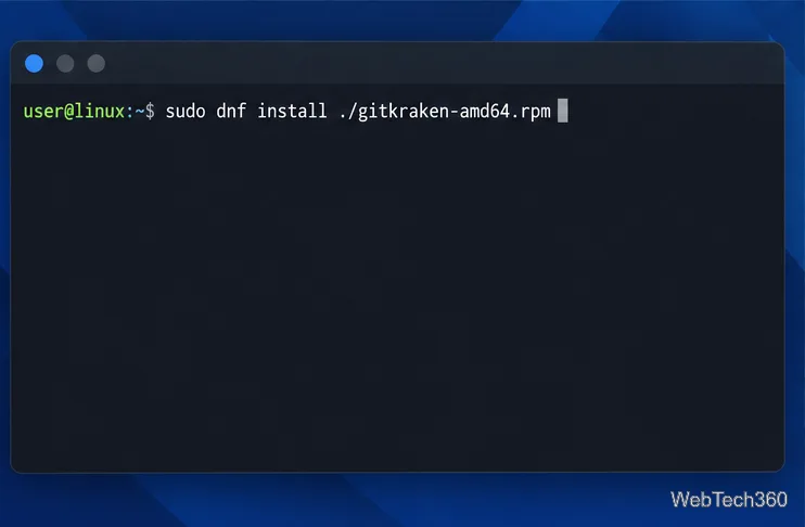 DNF command installing the local GitKraken RPM package on Fedora or RHEL.