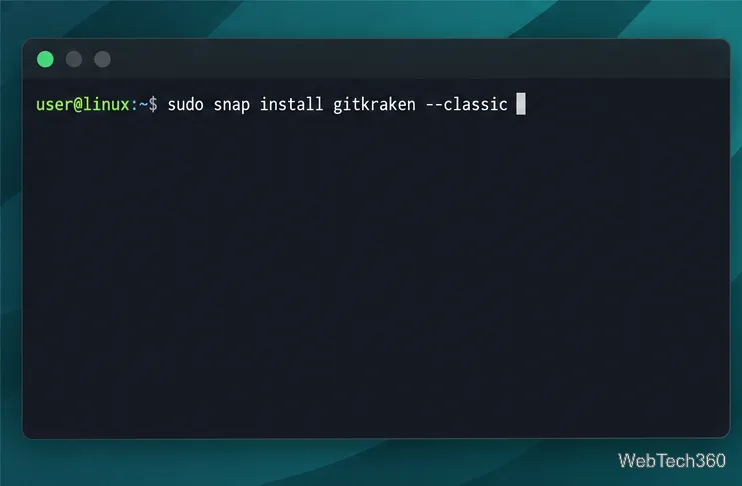 Snap command installing GitKraken Desktop with the required classic flag.