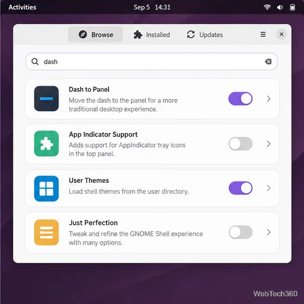 O Gerenciador de Extensões abre no navegador, com um campo de busca e cartões de extensão do GNOME Shell.