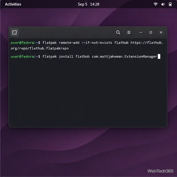 Uma janela do Terminal GNOME mostrando os comandos do Flatpak para adicionar o Flathub e instalar o Extension Manager.