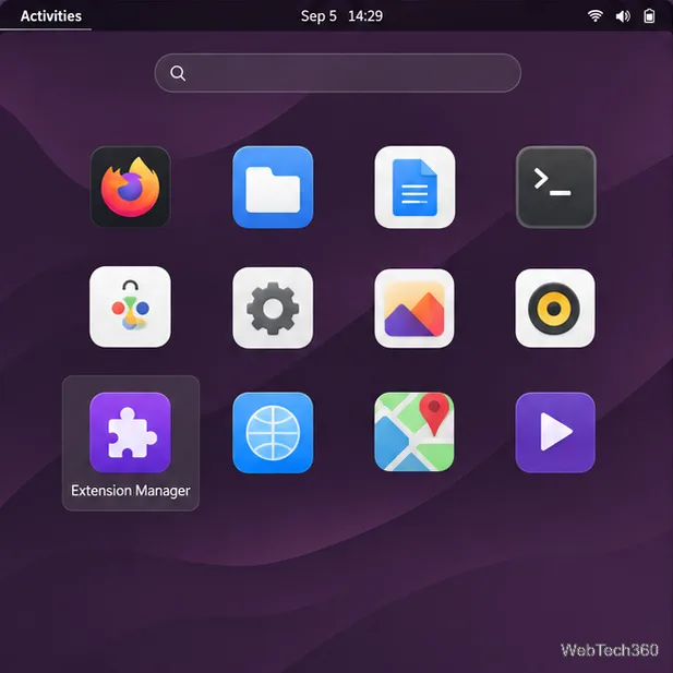 Visão geral dos aplicativos GNOME com o ícone de quebra-cabeça do Gerenciador de Extensões destacado.