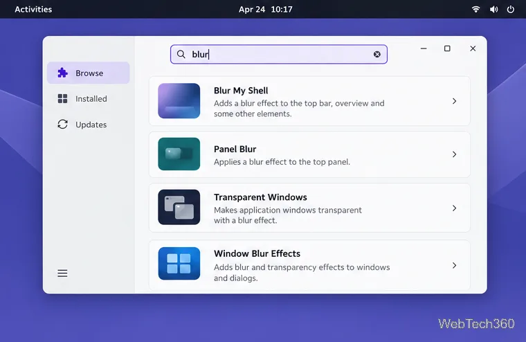 Resultados da pesquisa no Gerenciador de Extensões mostrando diversas extensões do GNOME Shell com nomes e resumos.