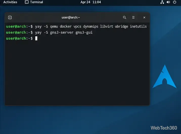 يعرض طرفية Arch Linux عملية تثبيت QEMU و Docker و VPCS و Dynamips و libvirt و ubridge وواجهة المستخدم الرسومية والخادم GNS3.