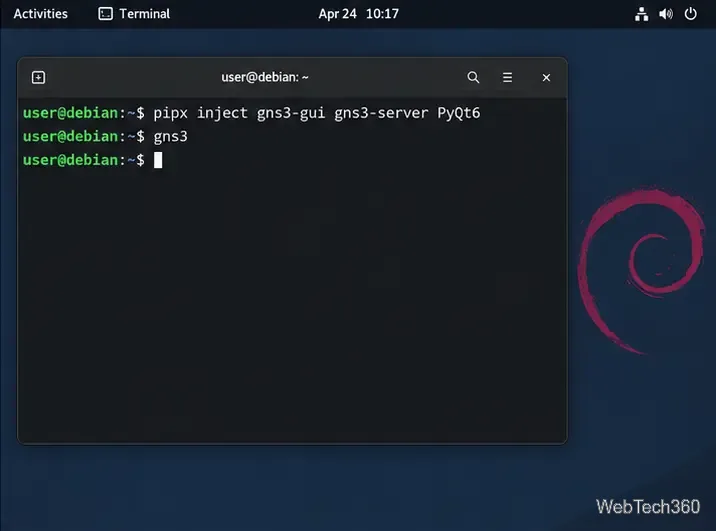 يعرض طرفية دبيان pipx وهو يقوم بحقن الخادم و PyQt6 في بيئة واجهة المستخدم الرسومية، متبوعًا بأمر تشغيل gns3.