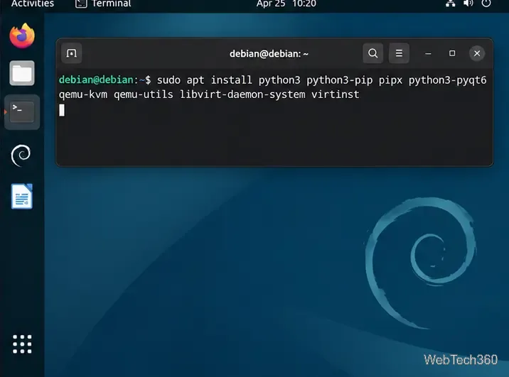 يعرض طرفية دبيان عملية تثبيت حزم pipx و PyQt6 و QEMU و libvirt لـ GNS3 باستخدام APT.