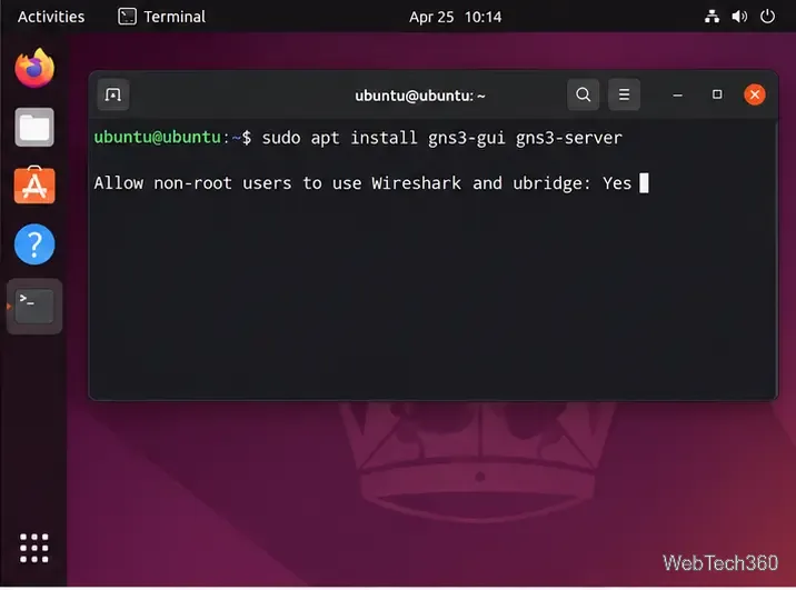 يعرض طرفية Ubuntu GNOME تثبيت gns3-gui و gns3-server مع مطالبة للسماح باستخدام Wireshark و ubridge بدون صلاحيات الجذر.