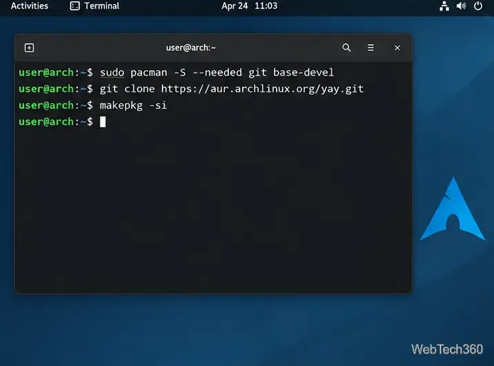 يعرض طرفية Arch Linux أمر الحزمة، واستنساخ مستودع yay، وخطوة تثبيت makepkg.