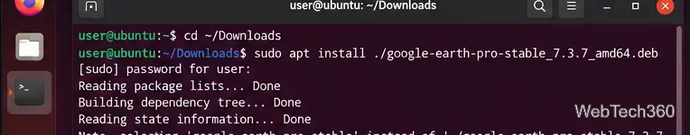 Ubuntuターミナルで、Google Earth Pro 7.3.7 DEBパッケージのapt installを実行しています。