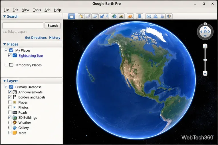Linux上で動作するGoogle Earth Pro。3D地球儀、検索パネル、場所、レイヤーが表示されている。