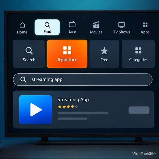 Fire TV Find menu with the Appstore selected, a search field, and a generic streaming app result