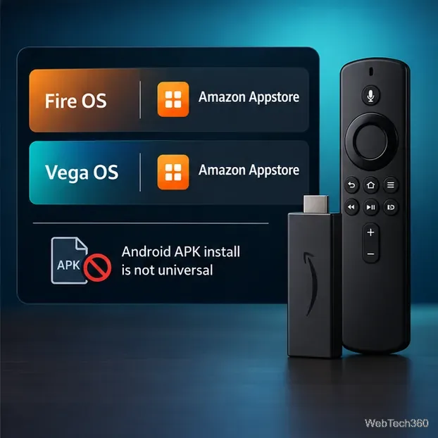 Comparison of Fire OS and Vega OS showing the Amazon Appstore on both and an Android APK marked as not universal