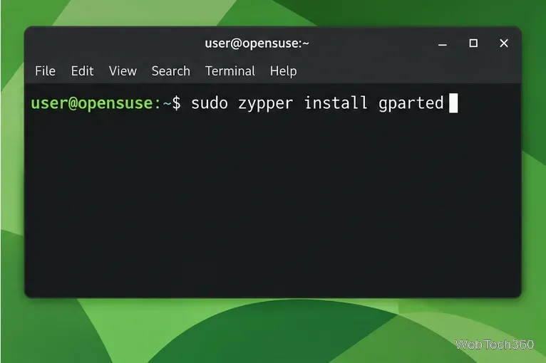 openSUSEのターミナルにsudo zypper install gpartedコマンドが表示されている。