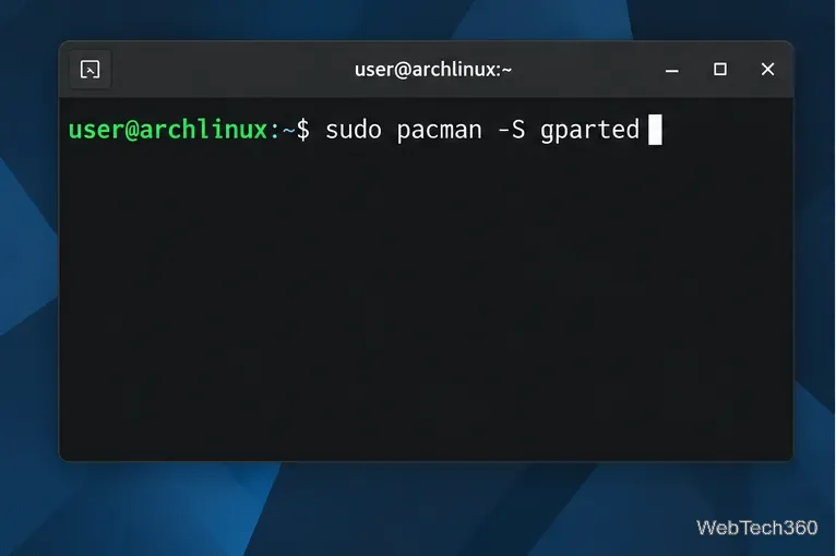 Arch Linuxのターミナルにsudo pacman -S gpartedコマンドが表示されている。