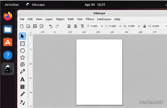 Inkscape’s Linux workspace with its drawing tools and a blank page on the canvas