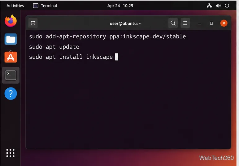 Ubuntu terminal commands for adding Inkscape’s stable PPA, refreshing APT, and installing Inkscape