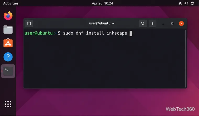 A Linux terminal showing Fedora’s DNF command to install Inkscape