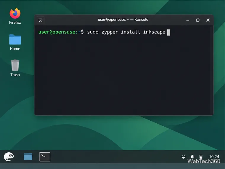 An openSUSE terminal showing sudo zypper install inkscape