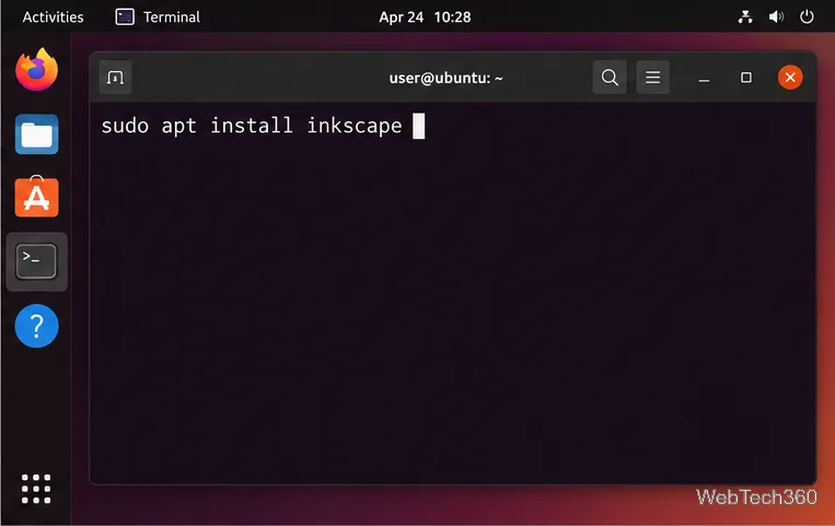 An Ubuntu terminal showing the command sudo apt install inkscape
