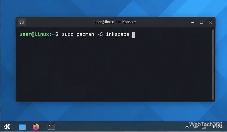 A terminal showing sudo pacman -S inkscape for Arch Linux