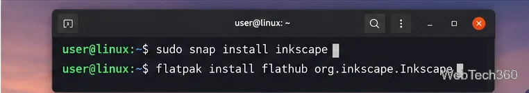 A terminal displaying the Snap and Flatpak commands for installing Inkscape