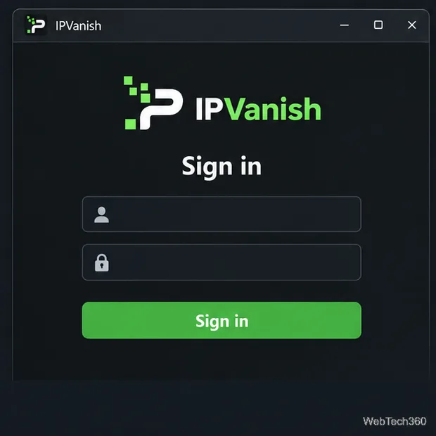 ユーザー名とパスワードの入力欄が空欄のIPVanish Windowsサインイン画面