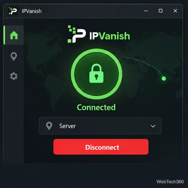 IPVanishのWindowsアプリには、「接続済み」、サーバーセレクター、および「切断」ボタンが表示されます。