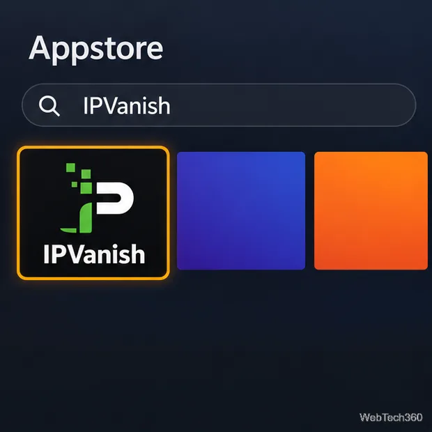 Fire TV AppstoreでIPVanishを検索し、IPVanishアプリをハイライト表示した。