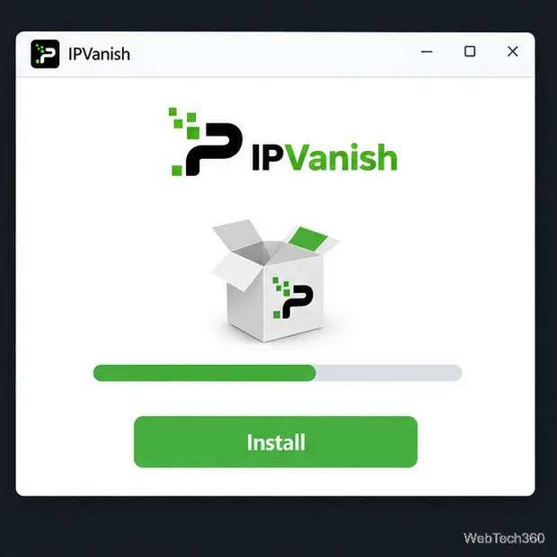 インストール進行状況とインストールボタンを表示するIPVanishインストーラーウィンドウ