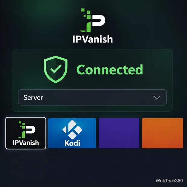 IPVanish TVアプリでは、サーバーセレクターの上に「接続済み」と表示され、Kodiは別のアプリタイルとして表示されます。