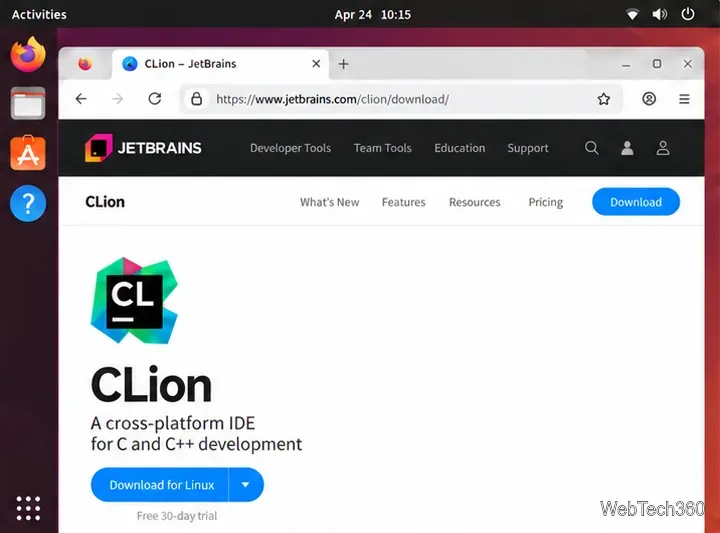 JetBrains CLion download page open in a Linux browser, showing the Download for Linux button