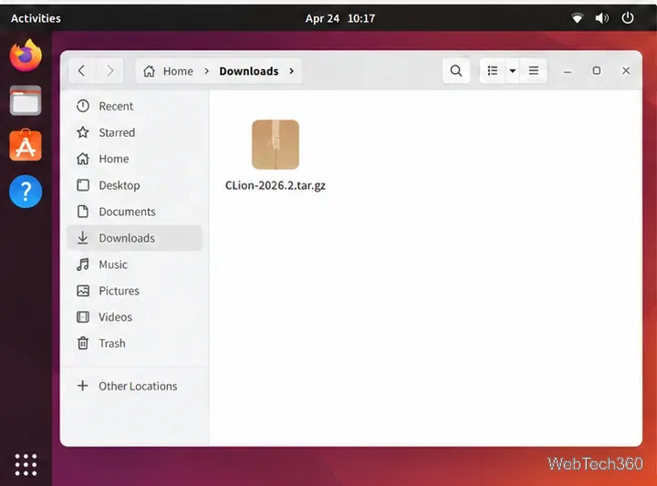 Linux Downloads folder showing a CLion tar.gz archive