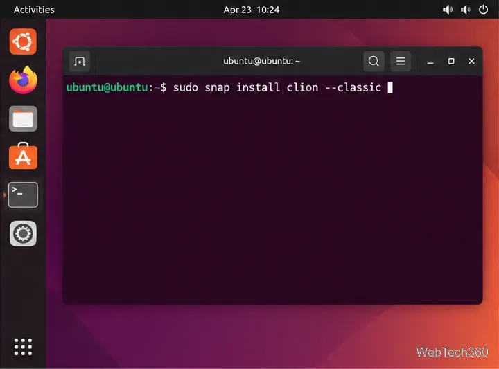 Linux terminal with the Snap command for installing CLion using classic confinement