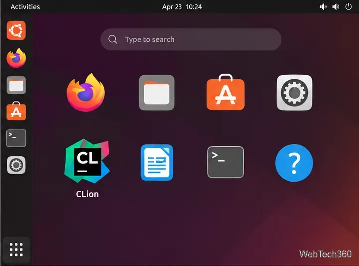 Linux application launcher showing the CLion icon among desktop applications