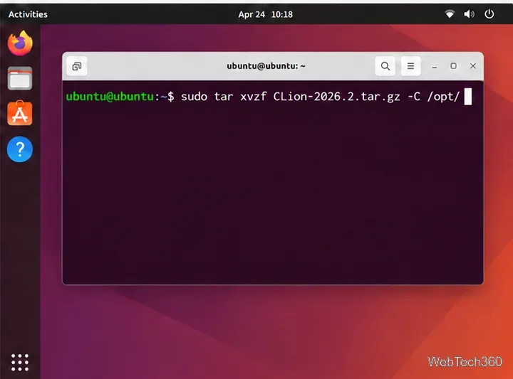 Linux terminal showing a tar command that extracts the CLion archive into /opt