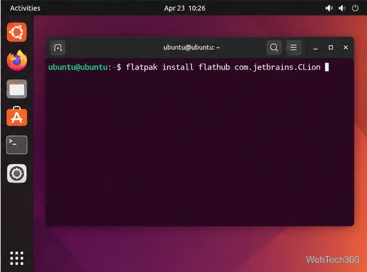 Linux terminal showing the Flatpak command to install com.jetbrains.CLion from Flathub