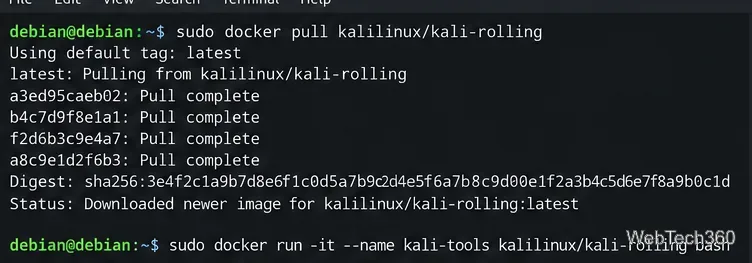 Debian terminal pulling the official kalilinux kali-rolling image and starting an interactive container