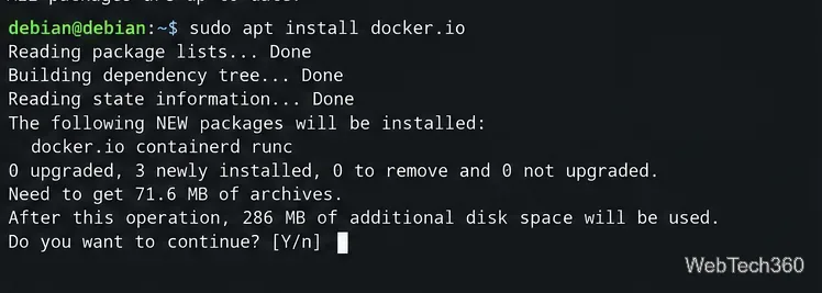 Debian terminal installing the docker.io package with apt