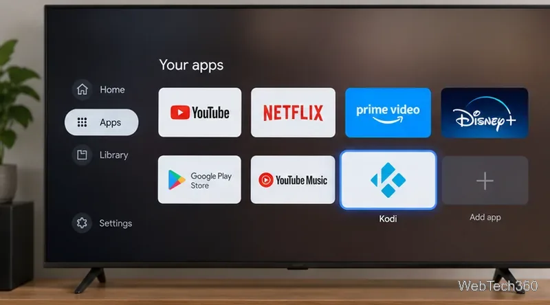 Android TVのアプリ画面で、Kodiアプリのタイルがハイライト表示されます。