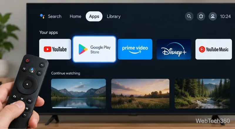 Android TVのホーム画面で、他のストリーミングアプリの横にGoogle Playストアのタイルが選択された状態。