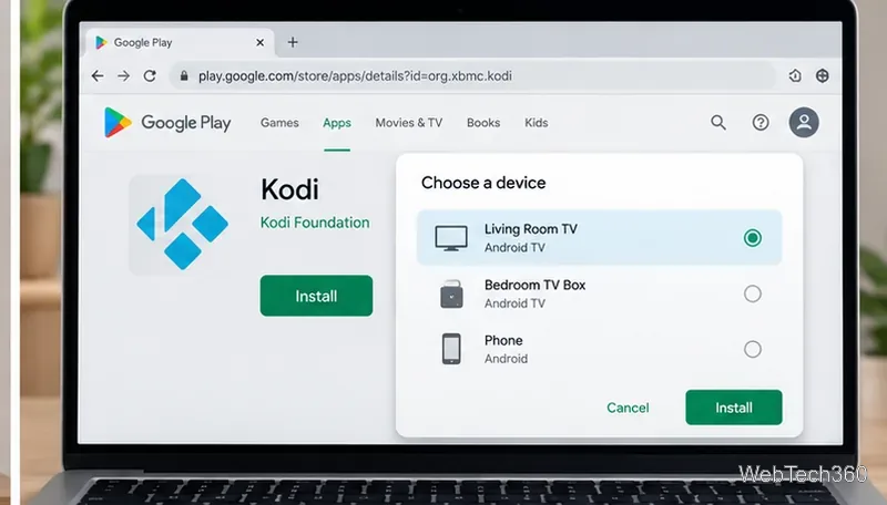 ノートパソコンでGoogle Playのウェブサイトを開き、デバイス選択画面でAndroid TVボックスの一覧を表示する。