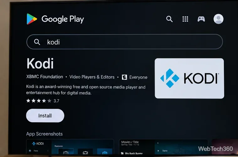 Google PlayのKodiがテレビ画面に表示され、発行者情報とインストールコントロールが表示される。