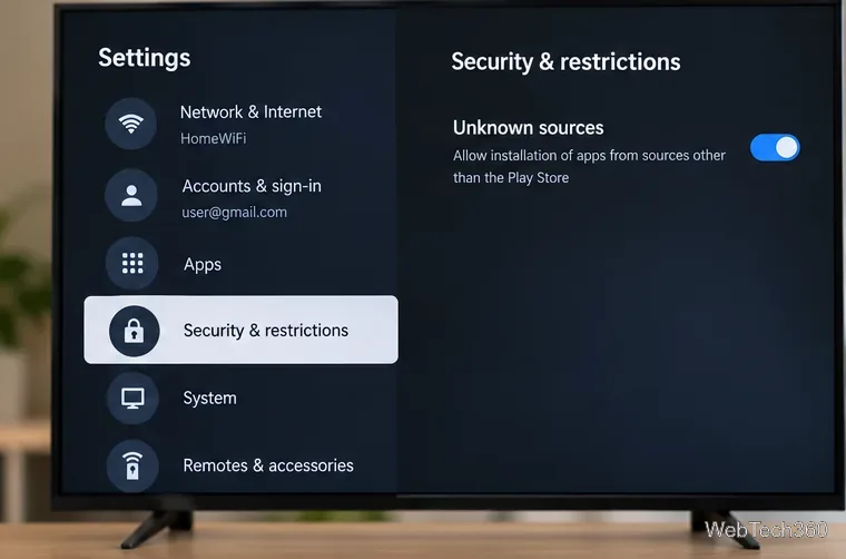 Android TVのセキュリティと制限設定画面に「不明なソース」スイッチが表示されている。