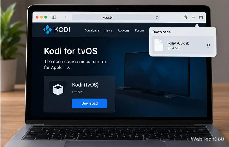 Illustrative Mac browser showing Kodi's tvOS download page and a Kodi tvOS deb file