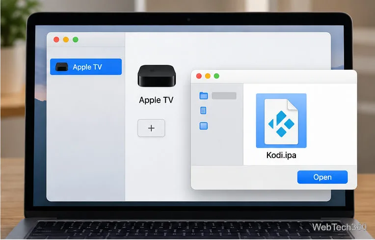Illustrative Xcode device window with Apple TV selected and a file picker choosing Kodi.ipa