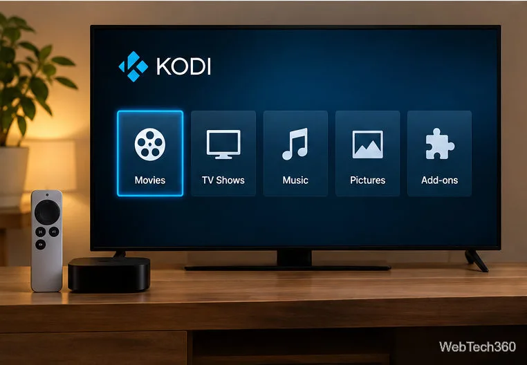 Illustrative Kodi media-center home screen with Movies, TV Shows, Music, Pictures, and Add-ons tiles