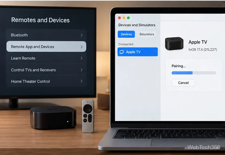 Illustrative Apple TV Remote App and Devices screen beside Xcode pairing the device