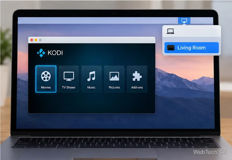 Illustrative Mac running Kodi with Screen Mirroring open and Living Room selected as the AirPlay receiver
