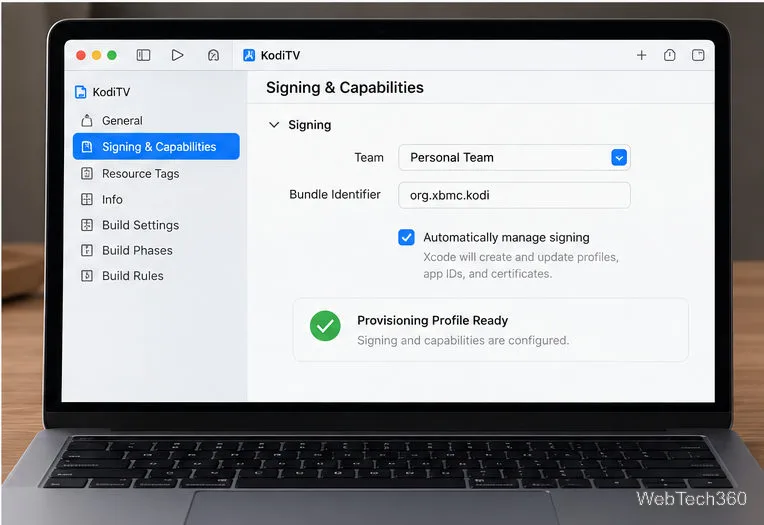 Illustrative Xcode Signing and Capabilities panel showing Personal Team and automatic signing