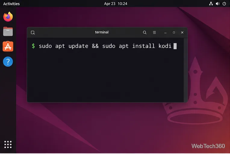 Терминал в стиле Ubuntu, демонстрирующий команды apt update и apt install kodi.