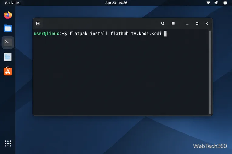 В терминале Linux отображается команда `flatpak install flathub tv.kodi.Kodi`.